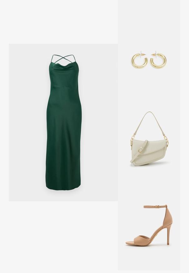 Rochie lungă din satin verde, cu guler tip cowl, bretele subțiri și un design cu spatele încrucișat. Textură netedă și siluetă ajustată până la tiv.; ALDO CRERIDE PILLOW WALK - Sandale - beige; Geantă mică de crem cu un finisaj texturat, curea lungă și ajustabilă, accent cu lanț și închidere cu clapetă. Detalii din hardware aurie.; Cercei cercuri din aur cu un finisaj neted și strălucitor. Design circular cu un mic suport și un spate transparent pentru o purtare sigură.