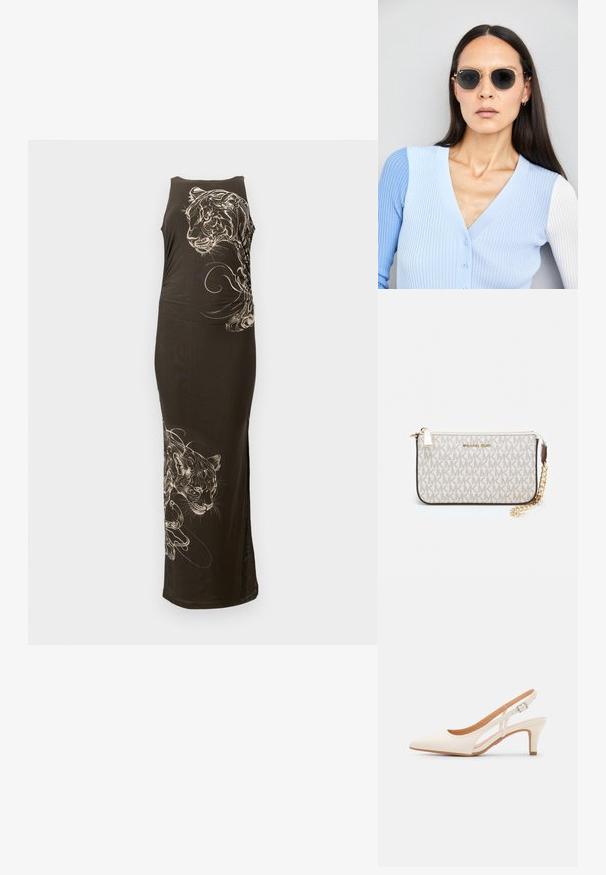 Pitkä, vartalonmyötäinen musta mekko, jossa on hihaton malli ja valkoisia tiikeri-illustratioita sekä virtaavia viivoja yhdellä puolella. Sujuva pinta.; Valkoinen slingback-korkokenkä, jossa on terävä kärki, sileä päällismateriaali, matala lohkokorko ja sivuaukko-design säädettävällä soljella.; Pyöreät aurinkolasit, joissa on tummat linssit ja kultaiset kehykset. Mallilla on päällään vaaleansininen, ribatusta materiaalista valmistettu neuletakki, jossa on napit ja kontrastiväriset valkoiset hihat.; Michael Kors kääröbeige pinnoitettua kangasta, jossa on toistuva MK-logo -kuvio, kultaiset yksityiskohdat ja irrotettava ketjuhihna.