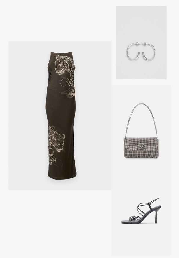 Duga, prilagođena crna haljina bez rukava, s ilustracijama bijelih tigrova i tekućim linijama s jedne strane. Glatka tekstura.; Crne sandale na visokoj potpetici imaju tanke trake s čvorastim dizajnom, glatki kvadratni vrh i elegantnu stiletto petu.; Svijetlosivi metalik ruksač s lancem, ukrašen malim okruglim metalnim zakovicama i trokutastim logotipom marke.; Srebro naušnice u obliku prstena s glatkom, sjajnom završnom obradom. Zaobljenog oblika, laganog dizajna, s kopčom na poleđini.