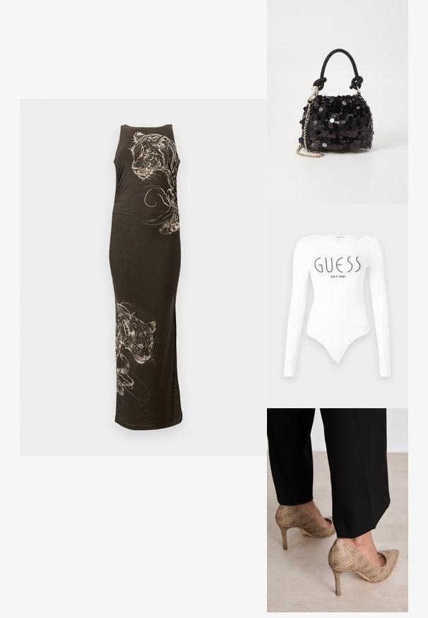 Hosszú, testhezálló fekete ruha ujjatlan kivitelben, fehér tigris illusztrációkkal és áramló vonalakkal az egyik oldalon. Simább textúra.; Hosszú ujjas, fehér body, kerek nyakkivágással. Elöl a "GUESS" logó és az "EST.1981" felirat fekete színben látható. Sima textúrával rendelkezik.; Beige magassarkú cipők texturált anyagból, ismétlődő mintával. Hegyes orrú kialakítás, hátsó díszítéssel és arany sarkú részlettel.; Fekete flitteres mini kézitáska csomózott textúrájú pánttal és ezüst lánccal. Lekerekített forma, ráncolt tetejével és fényvisszaverő részletekkel.