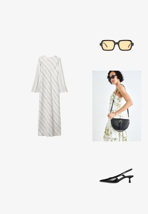 Dlouhá bílá šaty s černými diagonálními pruhy, kulatým výstřihem a rozšířenými rukávy. Vyrobeno z hladké, lehké tkaniny.; Černé lakované lodičky na podpatku se špičatou špičkou, výřezovým designem na boku a malým čtvercovým podpatkem. Hladká textura s minimálními akcenty.; Černé obdélníkové sluneční brýle se žlutými skly, lehký rám a charakteristické tupé hrany na spáncích. Hladký, lesklý povrch.; Černá kožená kabelka s křivkovým tvarem, odnímatelným popruhem a zlatými detaily. Kabelka má klopu s přezkou.