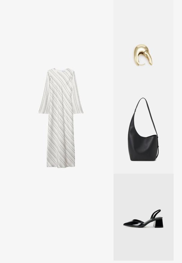 Lang hvid kjole med sorte diagonale striber, rund halsudskæring og flagrende ærmer. Fremstillet af et glat, let stof.; Sorte patentlæder slingback hæle med spids tå og en geometrisk blok hæl. Har et elegant, minimalistisk design og en glat tekstur.; Sort læder hobo taske med en glat overflade, buet form og en enkelt justerbar rem; har en bred åbning øverst.; Guldtonet metal ørering med et slankt, buet design. Har en karakteristisk spids form, poleret overflade og hængselåbning.
