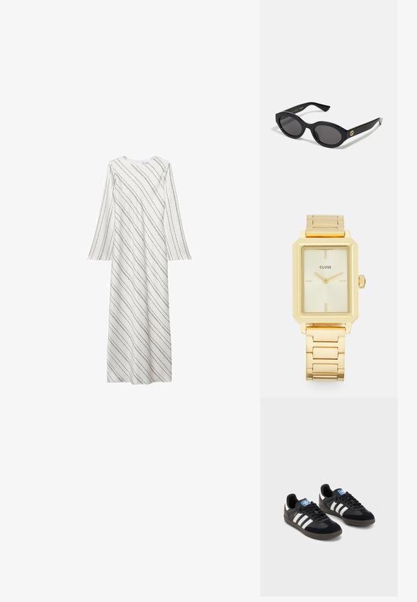 Robe longue blanche avec des rayures noires diagonales, col rond et manches évasées. Fabriquée dans un tissu lisse et léger.; Des baskets noires avec une tige en suède et en matériaux synthétiques, dotées de trois rayures blanches, d'une semelle en caoutchouc texturé et d'une étiquette de logo bleue sur la languette.; Lunettes de soleil ovales noires avec des verres sombres et une monture en plastique brillant. Présente un logo doré sur la branche, offrant un design épuré et moderne.; Montre rectangulaire en or au design minimaliste, avec un cadran crème, des aiguilles dorées et un bracelet en maillons métalliques. Les marquages incluent le nom de la marque.