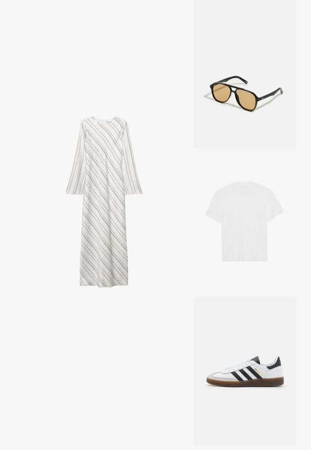 Largo vestido blanco con rayas diagonales negras, cuello redondo y mangas acampanadas. Hecho de una tela suave y ligera.; Camiseta blanca de algodón con mangas cortas, cuello redondo y dobladillo recto. Textura suave, diseño minimalista sin patrones ni adornos.; Zapatilla de piel blanca con acentos de ante negro, tres franjas negras, suela de goma beige y el logotipo dorado "SPEZIAL" en el lateral.; Gafas de sol negras con lentes de color marrón; forma rectangular con un marco grueso, incluyendo sutiles acentos de hardware en las patillas.