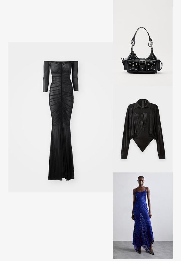Czarna sukienka bez ramiączek z przezroczystymi długimi rękawami i marszczonymi detalami. Posiada dopasowany krój, który rozszerza się przy hemie.; Czarny bodysuit z długimi rękawami, dekoltem w serek i dopasowanym fasonem. Wykonany z błyszczącego, gładkiego materiału z usztywnionym kołnierzykiem i mankietami.; Maxi sukienka w niebiesko-fioletowy wzór zwierzęcy, z cienkimi ramiączkami, dopasowanym gorsetem, rozkloszowanym dołem i przeźroczystymi detalami.; Czarna skórzana torebka w zakrzywionym kształcie, z srebrnymi ćwiekami, klamrą i dwoma bocznymi kieszeniami. Regulowany pasek umożliwiający różne opcje noszenia.