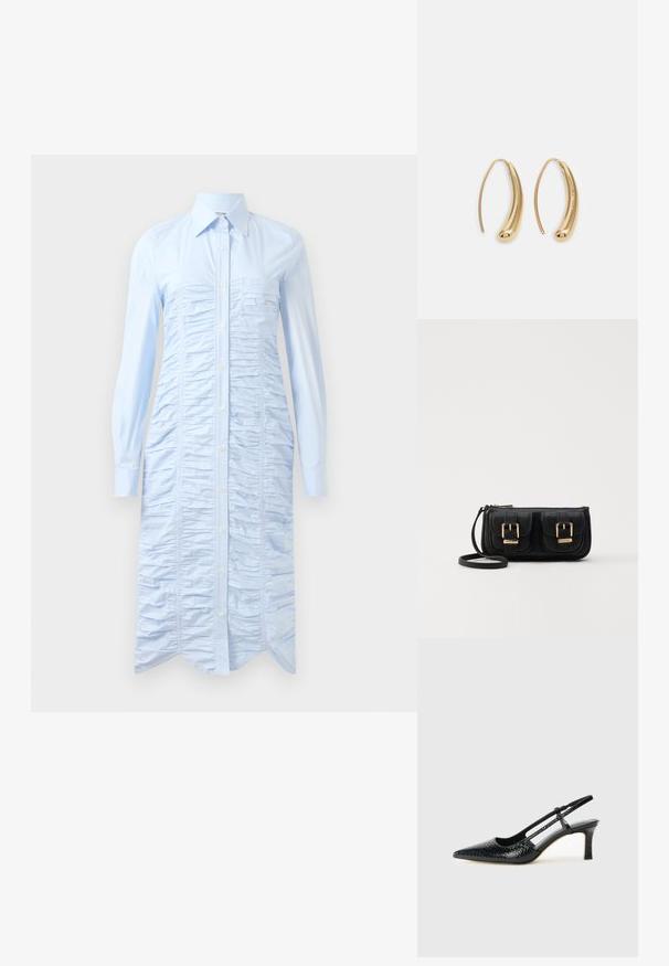 Rochie cămașă de culoare albastră deschisă, dintr-un material neted, cu un efect de drapaj vertical, închidere cu nasturi pe față, mâneci lungi și un tiv curbat.; Pantofi cu toc slingback negri din patent, cu vârf ascuțit, cu imprimeu de șarpe texturat, curea ajustabilă și toc scurt texturat.; Geantă neagră din piele, tip crossbody, cu două buzunare frontale, catarame aurii, închidere cu fermoar și o curea subțire. Suprafață texturată și formă rectangulară compactă.; Cercei din metal auriu, cu un design curbat și alungit. Au o suprafață netedă și strălucitoare, cu un vârf rotunjit pentru un detaliu suplimentar.