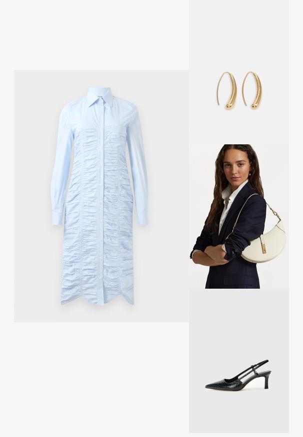 Ανοιχτό μπλε φόρεμα πουκαμίσας από μαλακό ύφασμα με κάθετες πιέτες, κουμπιά μπροστά, μακρύ μανίκι και καμπυλωτό στρίφωμα.; Μαύρη πατέντα σλινγκμπάκ γόβα με μυτερή μύτη, διαθέτει υφή από φίδι, ρυθμιζόμενο λουρί και κοντή, υφή τετράγωνη φτέρνα.; Λευκή δερμάτινη τσάντα με καμπύλο σχήμα, χρυσά αξεσουάρ και υφή, φορεμένη πάνω από ένα σκούρο σακάκι και λευκό πουκάμισο.; Χρυσές μεταλλικές σκουλαρίκια κρίκοι με καμπυλωτό, ελκυστικό σχήμα. Περιλαμβάνουν μια λεία, γυαλιστερή επιφάνεια και στρογγυλή άκρη για πρόσθετη λεπτομέρεια.