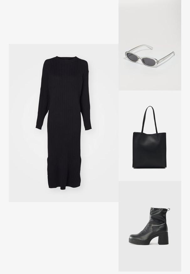 Vestido preto de malha canelada com mangas longas, decote redondo e fendas na parte inferior; textura suave e silhueta ajustada.; Botas de tornozelo pretas feitas de couro liso, com fecho lateral, salto grosso texturizado e design de bico arredondado.; Óculos de sol com formato oval, armação de plástico transparente, lentes cinza-escuro e hastes finas transparentes com detalhes do logótipo e um design minimalista.; Bolsa tote preta em couro com textura lisa, forma retangular e duas alças longas. Sem hardware ou enfeites visíveis.