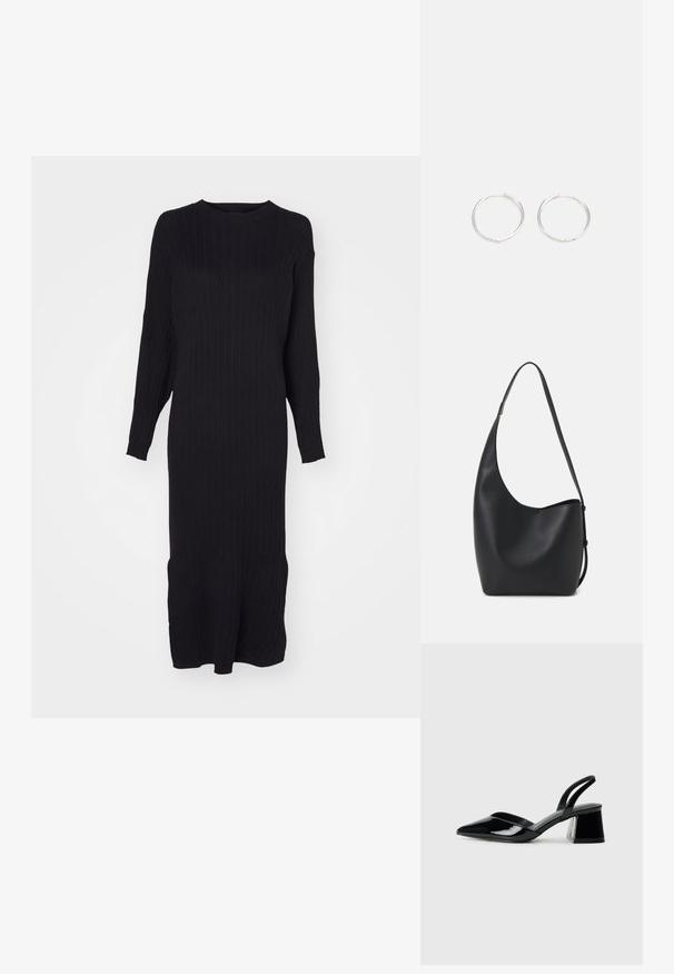 Czarna dzianinowa sukienka o prążkowanej fakturze, z długimi rękawami, okrągłym dekoltem i rozcięciami u dołu; gładka tekstura i dopasowany krój.; Czarne lakierowane półbuty na obcasie z wydłużonym noskiem i geometrycznym słupkiem. Charakteryzują się eleganckim, minimalistycznym designem oraz gładką fakturą.; Czarna skórzana torba hobo o gładkiej fakturze, zaokrąglonym kształcie i pojedynczym, regulowanym pasku; posiada szerokie otwarcie na górze.; Srebrne kolczyki w kształcie obręczy o gładkim, okrągłym designie, charakteryzujące się gładką powierzchnią i brakiem widocznych ozdób. Średnica nieokreślona.