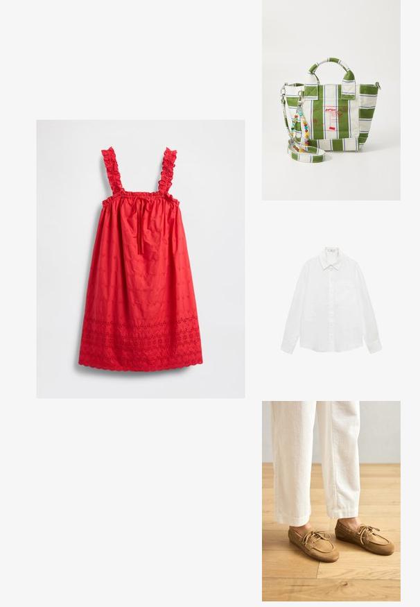 Červené bezramínkové šaty s vyšívanými květinovými vzory, volánkovými ramínky, mašlí na dekoltu a detailním vroubkováním na lemu.; Bílá košile s dlouhým rukávem z lehké tkaniny, s klasickým límečkem, jednou náprsní kapsou a rovním lemem.; Hnědé nubukové lodní boty s šňůrkami, kulatou špičkou a prošívanými detaily. Nosené s bílými kordovými kalhotami v dřevěném prostředí.; Plátěná tote taška se zelenobílým pruhovaným designem, zdobená červenými poštovními grafikami. Obsahuje odnímatelný korálkový popruh a dvojité rukojeti.