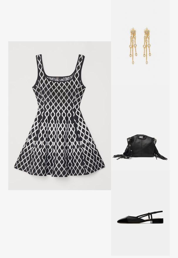 Abito senza maniche in bianco e nero con un motivo geometrico, corpino aderente, gonna svasata e scollatura tonda. Realizzato in tessuto leggero.; Ballerine slingback in pelle nera con punta a punta, vampiro chiuso e cinturino alla caviglia regolabile. Presentano un tacco quadrato basso. Texture liscia.; Maje MISS MINI - Borsa a tracolla - noir; Orecchini dorati con molteplici catene a cascata, dotati di accenti in strass ovali trasparenti e parte superiore decorativa a perno.