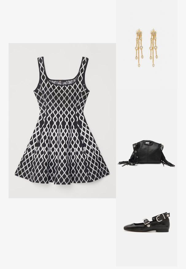 Melnā un baltā bezpaliktnes kleita ar ģeometrisku rakstu, pieguļoša augšdaļa, izpletus svārki un noapaļots kakla izgriezums. Izgatavota no viegla auduma.; Melnas laika patenta ādas dzīvokļu kurpes ar kvadrātu purngalu, potītes siksna ar sudraba furnitūru un platu zoli. Gluda tekstūra ar minimālu dizainu.; Maje MISS MINI - Soma ar siksnu pāri ķermenim - noir; Zelta tonī auskari ar vairākiem kaskādes ķēdēm, kas rotāti ar caurspīdīgiem ovāliem rhinestone akcentiem un dekoratīvām pīrsingiem.
