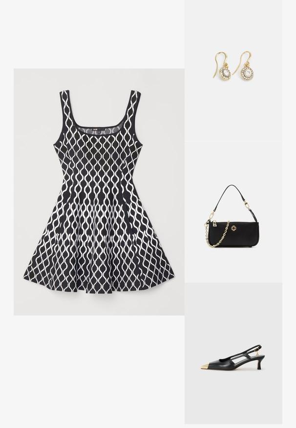 Schwarz-weißes ärmelloses Kleid mit geometrischem Muster, tailliertem Oberteil, ausgestelltem Rock und rundem Ausschnitt. Hergestellt aus leichtem Stoff.; Schwarze Leder-Slingback-Schuh mit spitzem Zeh und goldfarbener Metallic-Kappe. Verfügt über ein Ausschnittdesign und einen schlanken Absatz mit verstellbarem Riemen.; Schwarze Handtasche mit glatter Textur, ausgestattet mit einer goldenen Kettenriemen, Reißverschlussverschluss und einem dekorativen goldenen Emblem auf der Vorderseite.; Goldfarbene Ohrringe mit ovalen klaren Kristallen, die von kleineren klaren Steinen umgeben sind, und einem Haken-Design für sicheren Halt.