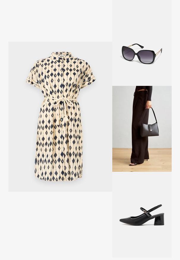 Rochie cămașă din țesătură crem cu model în diamante bleumarin. Dispune de mâneci scurte, o curea din țesătură și ciucuri decorativi la talie.; Cizme cu toc slingback din piele sintetică lacuită neagră, cu vârful ascuțit, un design cu decupaj rotunjit și toc bloc. Include un accent cu cataramă de culoare aurie.; Ochelari de soare negri, supradimensionați, cu lentile degradate, rame groase și detalii cu lanț de ton auriu pe brațele templului.; Genți negre cu o formă structurată, textură netedă și un închizător metalic. Asortată cu pantaloni negri largi și sandale cu vârf deschis pe un podea din lemn.