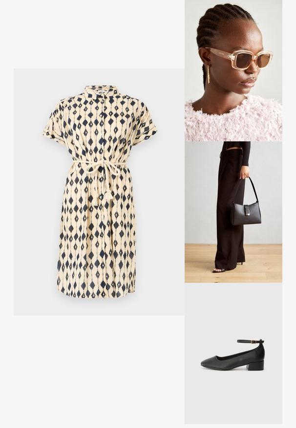 Sukienka na guziki w kremowym kolorze z granatowym wzorem w diamenty. Posiada krótkie rękawy, materiałowy pasek oraz dekoracyjne frędzle w talii.; Czarne skórzane szpilki z ostrym noskiem i niskim słupkowym obcasem. Wyposażone w pasek na kostkę z złotym zapięciem. Gładka tekstura.; Beżowe, oversize'owe okulary przeciwsłoneczne z przezroczystą oprawą i brązowymi soczewkami, z delikatnymi akcentami kwiatowymi oraz odważnym, geometrycznym wzornictwem.; Czarna torebka o usztywnionym kształcie, gładkiej fakturze i metalowym zapięciem. Połączona z szerokimi czarnymi spodniami i sandałami na otwartym palcu na drewnianej podłodze.