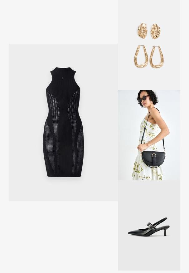 Melnā ribota adīta kleita ar augstu kaklu, ar caurspīdīgu acu audumu paneļiem gar sāniem. Pieguļoša silueta ar garumu līdz zem ceļgaliem.; Melnas lakotas ādas sūkņa kurpes ar norādītu purngali un mazu bloku papēdi, ar sudraba sprādzi akcentā uz jostas.; Melnas ādas rokassoma ar izliekta formu, noņemamu siksnu un zelta aksesuāriem. Somai ir vāciņš ar sprādzes detaļu.; Zelta krāsas auskari ar teksturētām, viļņotām formām. Iekļauts skulpturāls piespraužams modelis un atvērta gredzenveida konstrukcija ar izsistām virsmām.