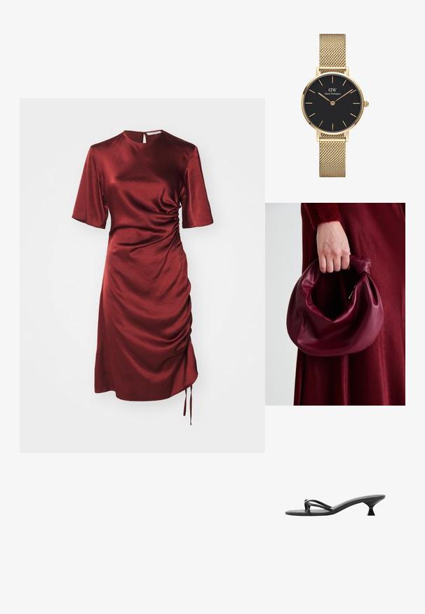 Rochie de mătase roșie cu mâneci scurte, detalii laterale plisate și guler înalt. Dispune de un decolteu tip cheie la spate și curele laterale ajustabile.; Sandale negre cu toc, având un design elegant, curele subțiri și un toc triunghiular unic. Textură netedă și un aspect minimalist.; Geantă de mână din piele burgundă, cu un design moale și pliat și o formă rotundă. Mânerele sunt securizate, evidențiind o textură netedă.; Ceas cu brățară din plasă de aur, având un cadran rotund negru, indicatoare minimalistice și o crown argintie; prezintă un logo la poziția 12.