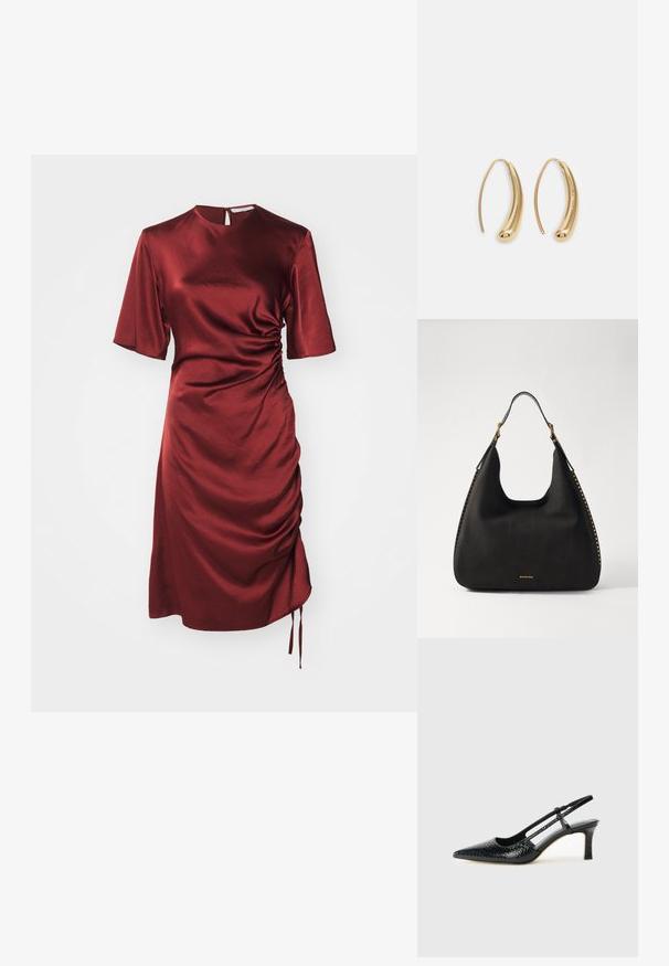 Crvena satenasta haljina s kratkim rukavima, nabranim detaljima sa strane i visokim izrezom. Ima otvor na leđima i podesive vezice sa strane.; Crne lakirane slingback pete s oštrim vrhom, s teksturiranim uzorkom zmijske kože, podesivom remenom i kratkom, teksturiranom blok-petom.; MICHAEL Michael Kors NOLITA HOBO  - Ručna torba - black; Zlatne metalne naušnice u obliku obruča s zakrivljenim, izduženim oblikom. Imaju glatku, sjajnu površinu i zaobljeni vrh za dodatni detalj.
