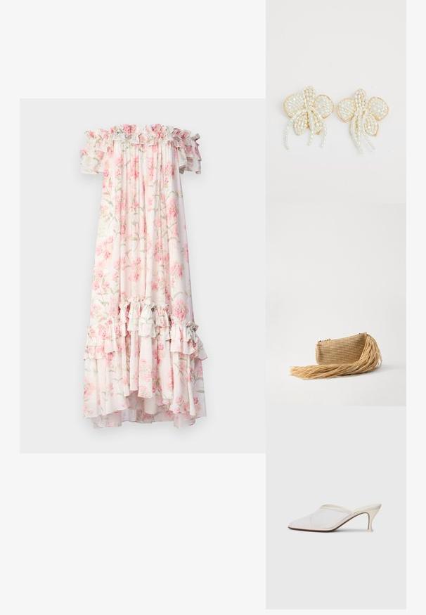 Needle & Thread SUMMER POSY ARIA OFF SHOULDER ANKLE GOWN - Maxi-jurk - moonshine/coral; Witte mesh puntige muiltjes met een slanke hak van middelgrote hoogte en een slip-on ontwerp, tegen een effen achtergrond.; Cult Gaia VIERA - Clutch - natural; Parel bloem oorbellen met gouden accenten. Elke bloemblad bevat kleine, ronde parels in een bloemontwerp, met hangende pareldetails.