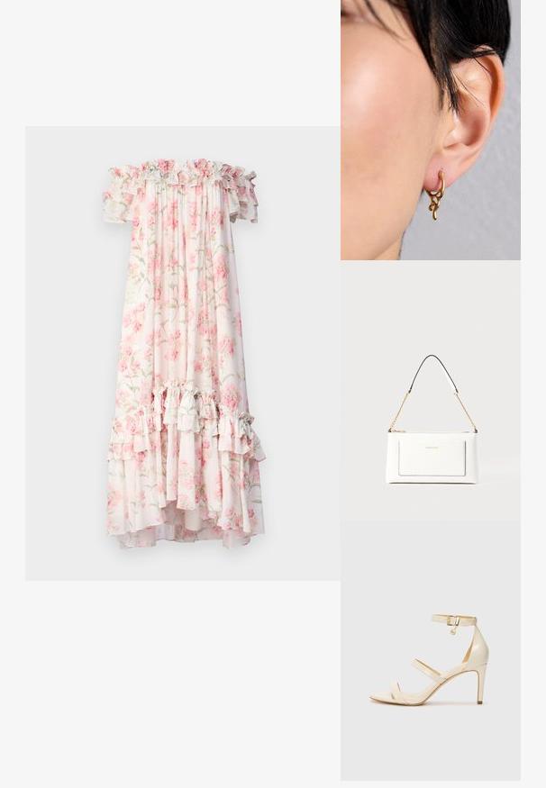 Needle & Thread SUMMER POSY ARIA OFF SHOULDER ANKLE GOWN - Vestido largo - moonshine/coral; Sandalias de tacón beige con tira delgada en el tobillo y dos tiras superiores. Acabado de charol brillante y detalle en dorado en la tira del tobillo.; Bolso de mano de cuero blanco con un acabado texturizado, que cuenta con una correa de cadena dorada y acentos negros. Incluye un bolsillo frontal y cierre de cremallera.; Pendiente de aro dorado con un diseño orgánico y fluido que presenta acentos texturizados y un acabado suave, llevado en una oreja perforada.