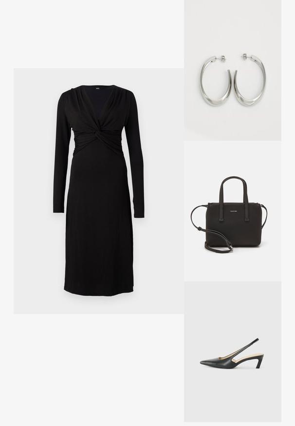 Mustat pitkät hihat -mekko, jossa on syvä V-pääntie ja kierretty yläosa. Suunniteltu sileästä, joustavasta kankaasta mukavuutta ja istuvuutta varten.; Musta, kärjeltään terävä slingback-kengä, jossa on matala korko. Kengässä on sileä nahkamateriaali ja sivuilla leikkaukset hengittävyyttä varten.; Musta käsilaukku, jossa on kaksinkertaiset lyhyet kahvat ja irrotettava olkahihna. Silkkinen nahkatunneinen materiaali, jossa on vetoketjukiinnitys ja logoyksityiskohta.; Hope hopeista, joissa on sileä, kaareva muotoilu. Varustettu kiiltävällä metallipinnoitteella ja nappikiinnityksellä. Ei näkyviä kuvioita tai koristeluja.