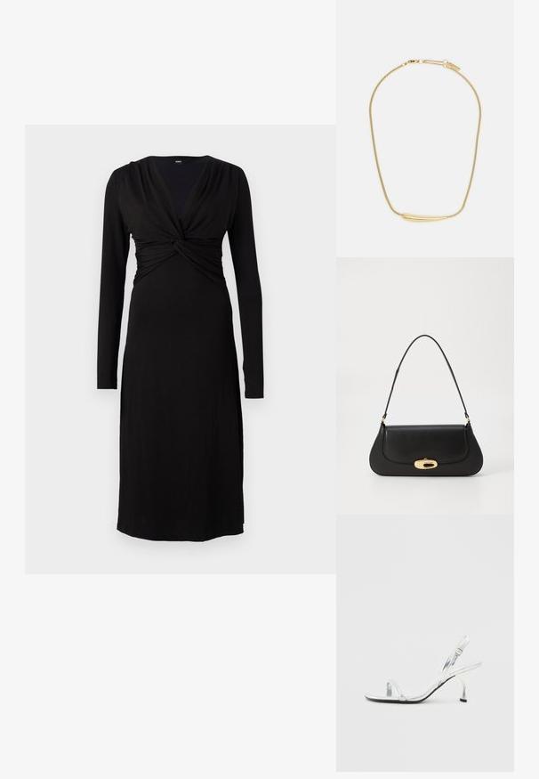 Černé dlouhé šaty s hlubokým V výstřihem a zdobením v oblasti těla. Navrženo v hladké, pružné látce pro pohodlí a dokonalé padnutí.; Stříbrná lakovaná kožená sandálová obuv na vysokém podpatku s úzkým pásem na prstech, nastavitelnou sponou a štíhlým podpatkem.; Černá kožená kabelka s zakřiveným designem, zlatými akcenty a horním uchem. Vybavena elegantním zavíráním a hladkým povrchem.; Zlatem pokovený náhrdelník s hladkým, zakřiveným centrálním akcentem. Disponuje flexibilním řetízkem s karabinovým zapínáním a dodatečnými nastavitelnými články řetězu.