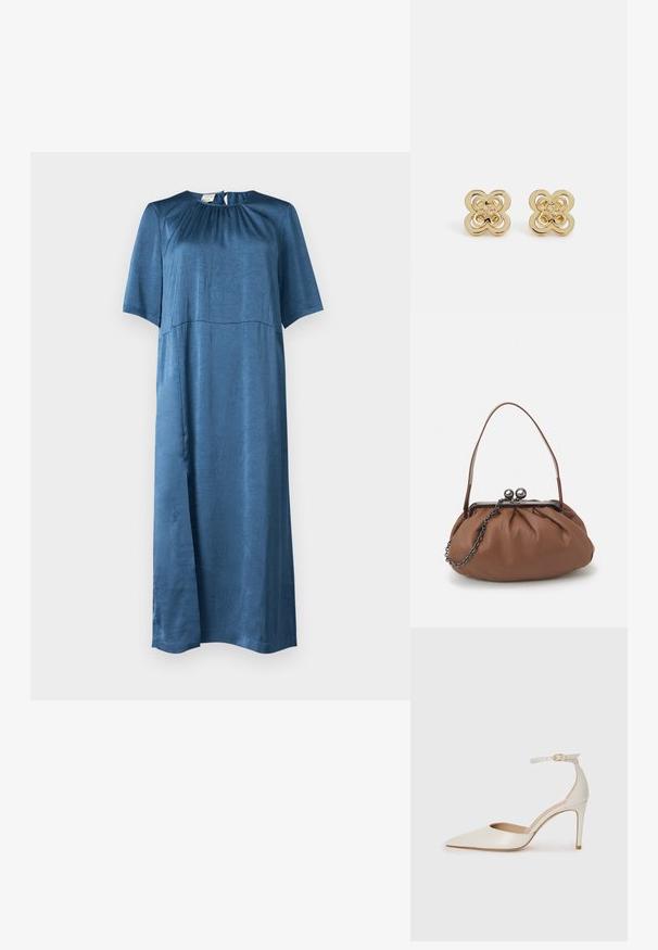 Plava haljina kratkih rukava od glatkog, blago naboranog materijala; ima okrugli izrez i stavljanje na šupljinu pozadi.; Bijela kožna visoko potpetica s oštrim vrhom, remenom oko članaka i tankom stiletto potpeticom. Glatka tekstura s blagim sjajnim završetkom.; Smeđa kožna torbica s naboranim dizajnom, kratkom kožnom rukohvatom i lancem. Ima srebrnu metalnu kopču s dva okrugla detalja.; Tory Burch KIRA CLOVER STACKED STUD EARRING - Naušnice - gold-coloured