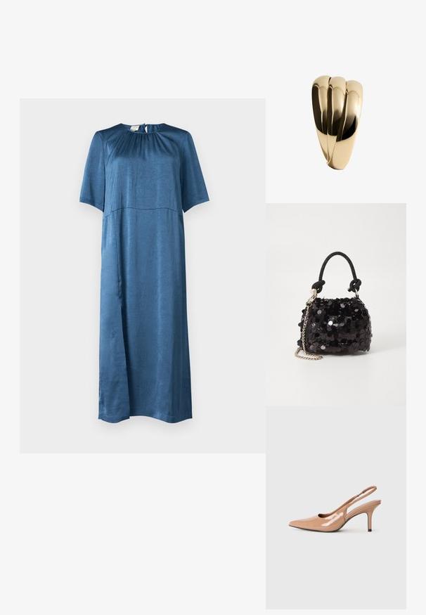 Modrá krátkodsleeve šaty z hladkej, mierne pokrčenej tkaniny; má okrúhly výstrih a oválny otvor na chrbte.; Nude lakované slingback lodičky s špičatou špicou, otvoreným bočným dizajnom a 7 cm stiletto podpätkom. Čierny akcent na báze podpätku.; Čierna mini kabelka so štrasom, s uzlovým textúrovaným popruhom a strieborným reťazom. Guľatý tvar s riaseným vrchom a reflexnými detailmi.; Mango Náramok - gold-coloured