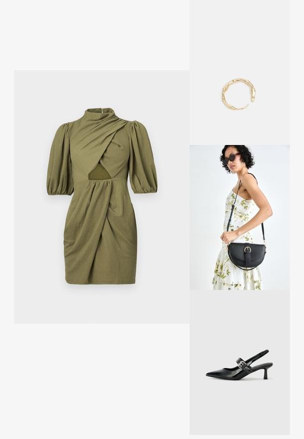 Olivroheline kleit kõrge kaelusega, puhvis varrukatega ja kogutud ees. Omab lõikega detaili vöökohal ja tekstureeritud kangast.; Mustad patenteeritud nahast sildiga kontsad, millel on terav nina ja väike plokk-konts, mille rihmal on hõbedane pandla aksessuaar.; Mustmust mustraha kõverate joontega, eemaldatava rihmaga ja kuldsete detailidega. Kotil on klapp, millel on pandladetail.; Kuldtoonis sõrmus, millel on orgaaniline, keerdunud disain sileda tekstuuri ja kitsenevate otstega, luues kaasaegse skulptuurilise välimuse.