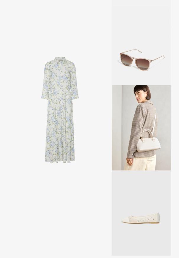 Cvetlična maxi obleka z ovratnikom na gumbe, 3/4 rokavi in lahkim materialom z modrimi in zelenimi cvetličnimi vzorci na kremnem ozadju.; Pointe kratek v kremni usnjeni z transparentnim zgornjim delom, okrašenim s razpršenimi kamni. Mehak podplat za udobje, minimalističen dizajn.; Rjavi gradient sončna očala s prozornim roza okvirjem, kvadratne oblike in tankimi kovinskimi ročaji. Imajo zaobljene robove in minimalne detajle.; Bela strukturirana torba z kratkimi ročaji in naramnim trakom, z zlatimi okrasnimi elementi in teksturiranim materialom, prikazana na sivi podlagi.; Svetleči bež zapestnica iz gladkega smole. Okrogla oblika z enotno površino in majhnim zlatim logotipom na notranji strani.