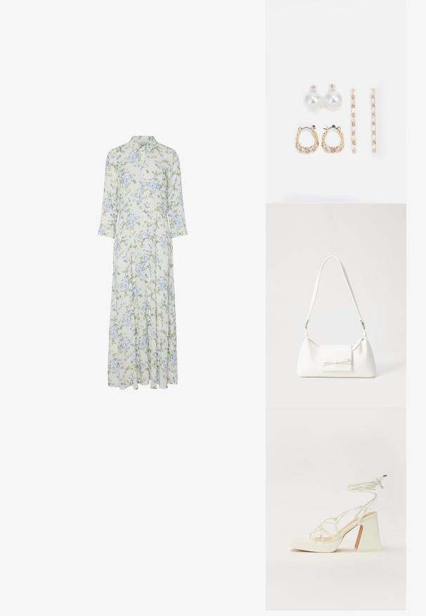 Virágmintás maxi ruha gombos gallérral, 3/4-es ujjakkal és könnyű anyaggal, kék és zöld virágmintákkal tejszín alapon.; Fehér, magassarkú szandál vastag sarokkal, pántos dizájnnal és bokapánttal. Sima textúra, elülső platformmal a megnövelt magasság érdekében.; Fehér szintetikus kézitáska, háromszög alakú, lapos előlap, masni részlettel, állítható pánttal, sima textúrával és minimalista dizájnnal.; Három fülbevalópár: nagy fehér gyöngy fülbevalók, arany karika fülbevalók, tiszta drágakövekkel, és két hosszú, egyenes arany akcentus fülbevaló csillogó részletekkel.