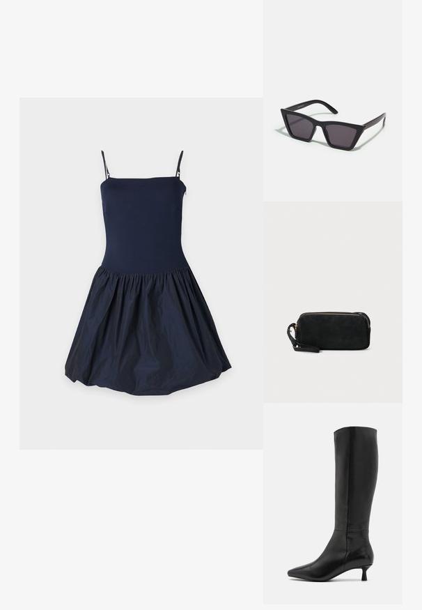 Tume sinine kleit, millel on istuv korpus ja volangidega laienev seelik. Valmistatud siledast kangast koos spagetitrippidega.; Zign Saapad - black; Mustad mustrakellad, millel on hallid šabloonid; valmistatud plastist, paksude ja siledate kätega, ilma nähtava riistvarata.; Mustan sametist käsipakiga kotike, millel on tõmblukuga sulgemine ja eemaldatav randme rihm. Omab kuldse tooni riistu ja sileda, mati tekstuuri.