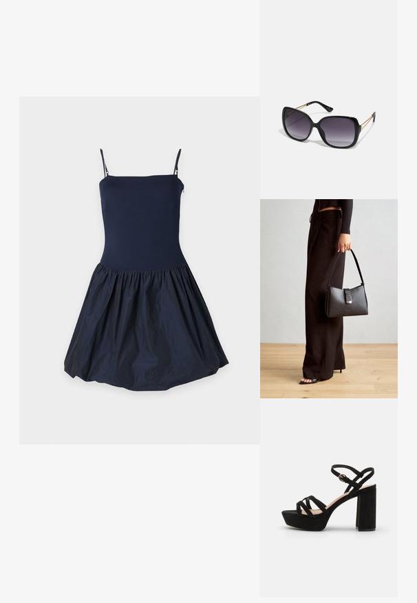 Rochie albastru marin cu un corset ajustat și o fustă evazată, cu pliuri. Construită dintr-un material neted, cu bretele subțiri.; Sandale platform din suede negru cu tocul bloc, având curele încrucișate și o curea cu cataramă la gleznă pentru un fit sigur.; Ochelari de soare negri, supradimensionați, cu lentile degradate, rame groase și detalii cu lanț de ton auriu pe brațele templului.; Genți negre cu o formă structurată, textură netedă și un închizător metalic. Asortată cu pantaloni negri largi și sandale cu vârf deschis pe un podea din lemn.