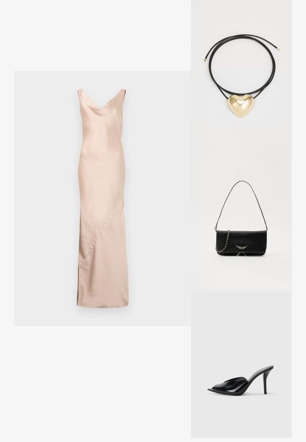 Dolga, brezrokavna obleka iz svetlo bež satena. Ima V-izrez in brezšivno zasnovo z diskretnim nabiranjem ter šivi.; Črne usnjene mule s visokimi petami, odprto nosilo, bodičast dizajn, gladka tekstura in ozka stiletnica.; Črna usnjena torbica s srebrnim verižnim ročajem, ki ima okrasne krilate poudarke in belo šivanje ob spodnjem šivu.; Črna pletena verižica z obeskom v obliki zlate srca, ki ima gladke krivulje in sijočo površino.