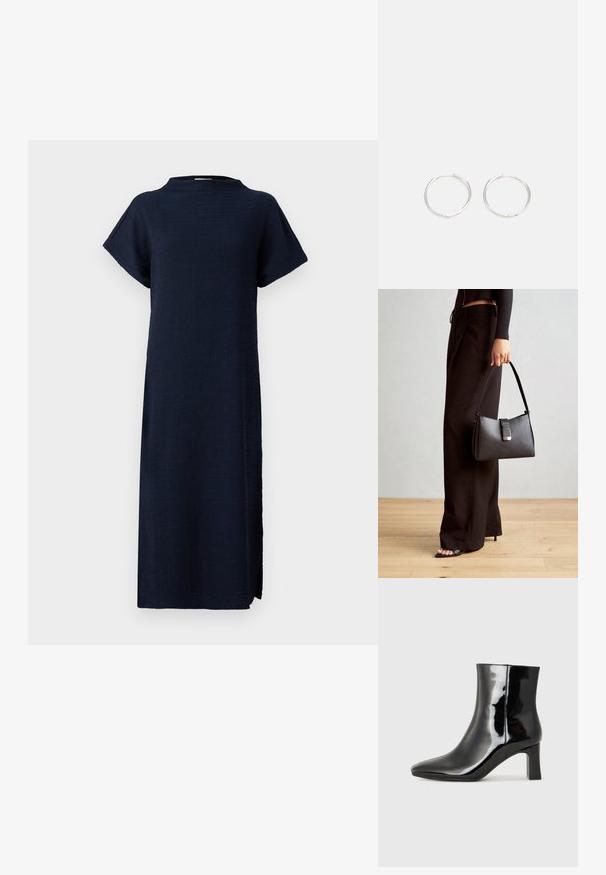 Robe bleu marine à coupe décontractée, avec des manches courtes, un col haut, un tissu texturé et des fentes latérales pour plus de liberté de mouvement.; Bottines en cuir verni noir avec un bout pointu et un talon block de hauteur moyenne. Texture lisse et design minimaliste.; Sac à main noir à la forme structurée, texture lisse et fermoir métallique. Associé à un pantalon noir ample et des sandales ouvertes sur un sol en bois.; Boucles d'oreilles en argent avec un design rond et épuré, présentant une surface lisse et sans embellissements visibles. Diamètre non spécifié.