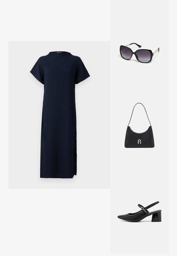 Morska plava haljina opuštenog kroja s kratkim rukavima, visokim izrezom, strukturiranom tkaninom i bočnim prorezima za olakšano kretanje.; Crne lakirane slingback visoke potpetice s šiljastim vrhom, zaobljenim izrezom i blok potpeticom. Sadrži akcent zlatnog tona s kopčom.; Crne prevelike sunčane naočale s gradijentnim lećama, debelim okvirom i zlatnim lancem kao detaljem na krakovima.; Crna torba za rame izrađena od glatkog materijala, sa zakrivljenim oblikom, zlatnim patentnim zatvaračem i zlatnim reljefnim logotipom na prednjoj strani.