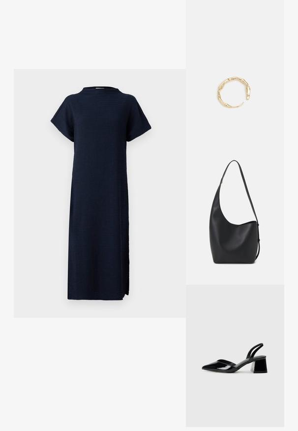Vestido azul marino con un corte relajado, mangas cortas, escote alto, tejido texturizado y aberturas laterales para facilitar el movimiento.; Zapatos de tacón slingback de charol negro con punta afilada y tacón geométrico en bloque. Presentan un diseño elegante y minimalista, así como una textura suave.; Bolso tipo hobo de cuero negro con una textura suave, forma curvada y una sola correa ajustable; presenta una amplia apertura en la parte superior.; Anillo en tono dorado con un diseño orgánico y retorcido, con una textura suave y extremos cónicos, creando una apariencia moderna y escultórica.
