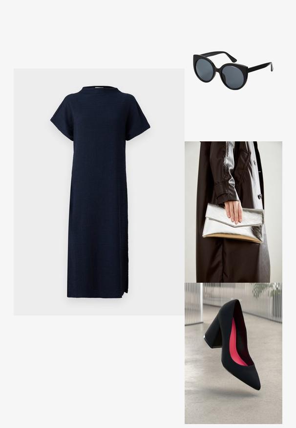 Navy blauwe jurk met een ontspannen pasvorm, korte mouwen, hoge hals, textuurstof en zijsplitten voor meer bewegingsvrijheid.; Zwarte hoge hak met een spitse neus, textuur op het oppervlak en een opvallend roze interieur. Beschikt over een chunky hak met zilveren accent.; Zwarte oversized zonnebril met een kattenoogvorm, donkere getinte lenzen en een glanzend plastic montuur. Beschikt over dikke tempels voor extra ondersteuning.; Zilveren metallic clutch met een hoekig envelopontwerp, een gladde textuur en een contrasterende binnenkleur, vastgehouden in een hand die een zwarte jas draagt.