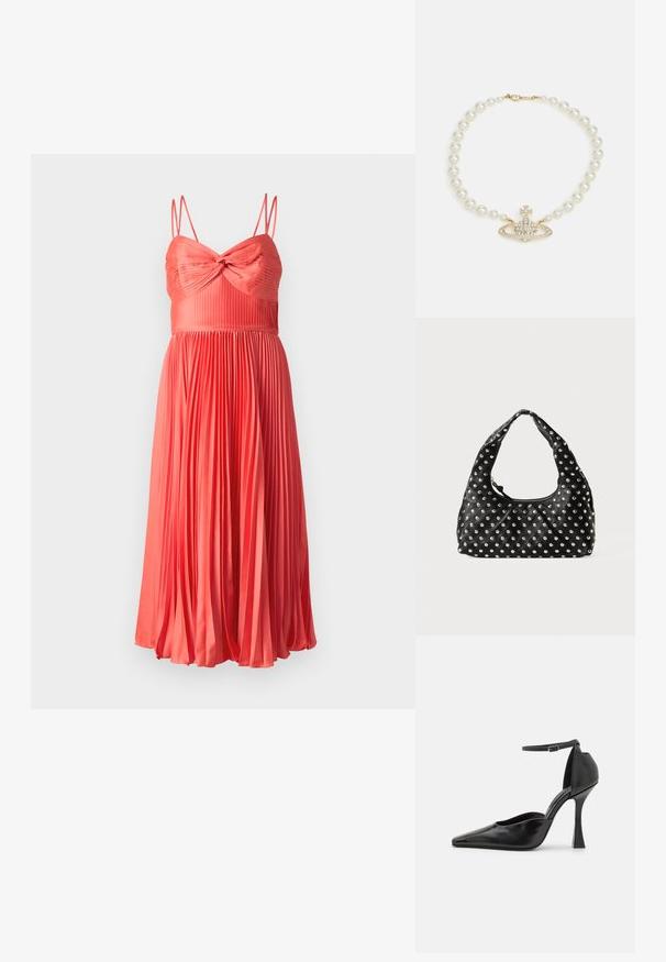 Coral midi dress with thin straps, featuring a knotted bust and pleated skirt for added texture and flow. Smooth fabric finish.; Black high-heeled pump with a glossy finish, pointed toe, ankle strap, and a sculpted stiletto heel. Smooth texture and sleek design.; Black leather handbag with a curved handle, featuring a pattern of metallic studs evenly distributed across the surface. Zipper closure.; Vivienne Westwood ONE ROW BAS RELIEF CHOKER - Necklace - gold-coloured/cream