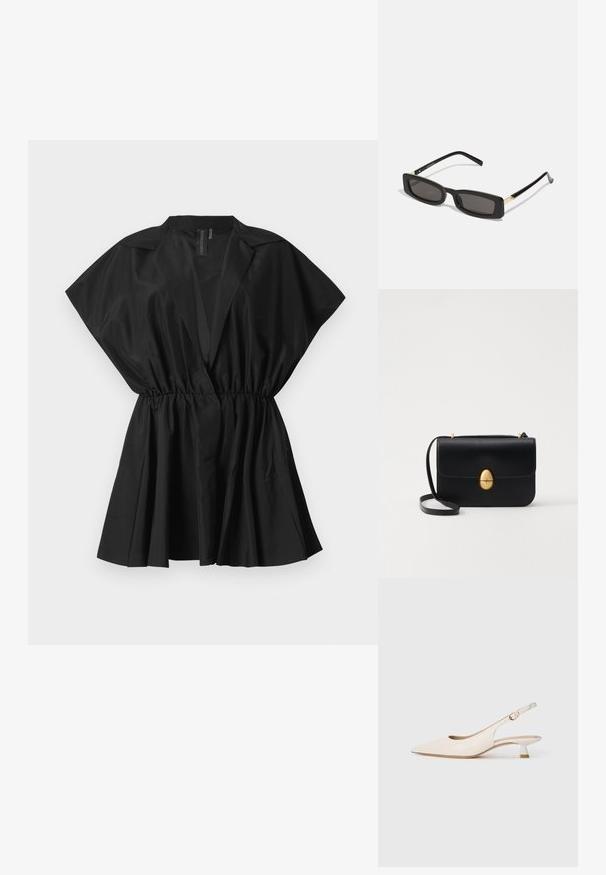 Fekete, rövid ujjú blúz, összehúzott derékkal és pliszírozott aljjal. Könnyű anyagból készült, letisztult, minimalista dizájnnal.; Krém színű, hegyes orrú, sarok nélküli cipő alacsony, kiscica sarkúval és arany csattal sima fehér háttér előtt.; Fekete téglalap alakú napszemüveg sötét lencsékkel, fényes műanyag kerettel, arany díszítéssel az temples. Minimalista design és elegáns forma.; Fekete bőr kézitáska, struktúrált, téglalap alakú formával. Arany ovális kapoccsal és vékony vállpánttal rendelkezik. Sima textúrájú.