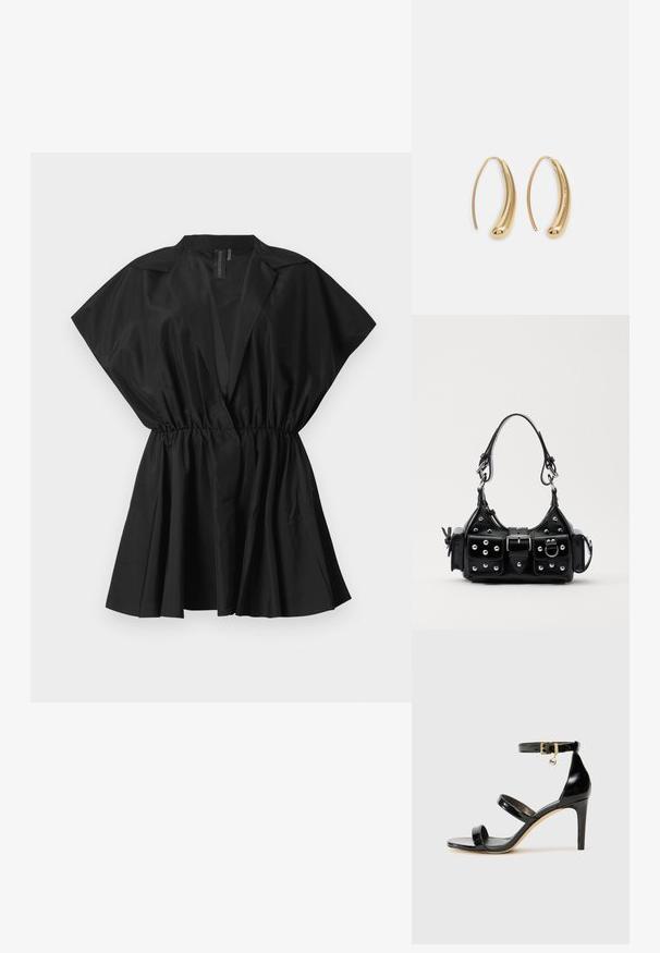 Blusa preta de manga curta com cintura ajustada e parte inferior plissada. Feita de tecido leve, apresenta um design elegante e minimalista.; Sandal de couro envernizado preto com três tiras, fivela no tornozelo e salto agulha de 10 cm. Apresenta detalhes em hardware dourado e um charme com logotipo.; Bolsa de couro preta com um design curvado, apresentando tachas prateadas, uma fivela e dois bolsos laterais. Alça ajustável para opções de transporte.; Brincos em metal dourado com forma de arco alongado e curvado. Apresentam uma superfície lisa e brilhante, com uma ponta arredondada para um detalhe adicional.