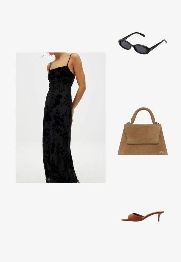 NA-KD Maxi-jurk - black; Bruine suède open-toe mules met een gebogen ontwerp, voorzien van een lage stiletto hak en een strakke, minimalistische uitstraling.; Zwarte oversized zonnebril met ovale lenzen, een glad plastic montuur en gouden accenten op de pootjes. Donkere lenzen bieden bescherming tegen de zon.; Bruin suède handtas met een gestructureerde driehoekige vorm, een handvat aan de bovenkant en een klepsluiting. Kenmerkt subtiele logo-details aan de zijkant.