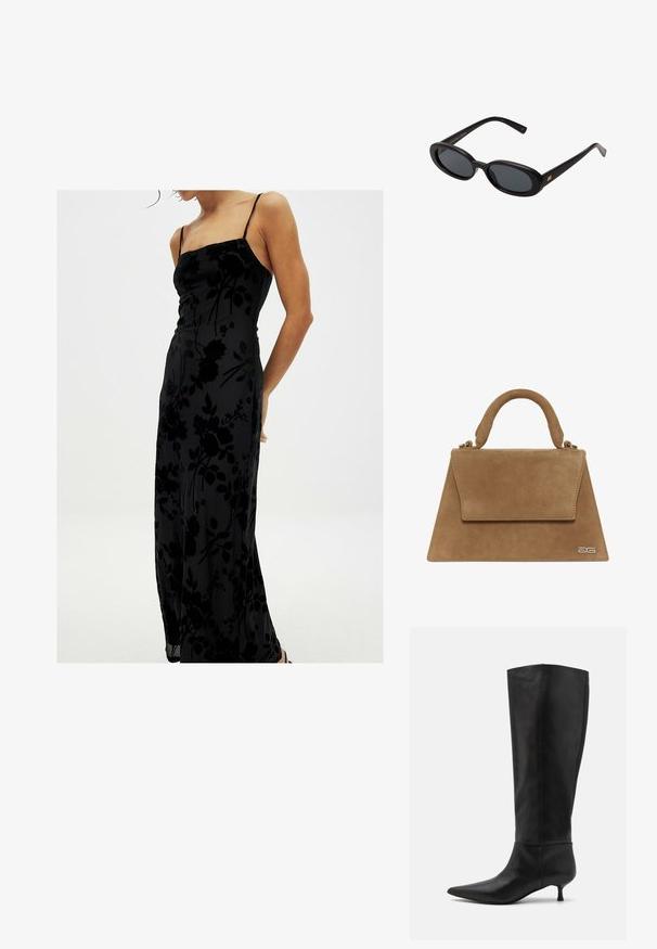NA-KD Maksi suknelė - black; Aukščio iki kelių juodi odiniai batai su smailiu nose ir mažais kulniukais. Lygus paviršius ir minimalistinis dizainas be matomų priedų ar akcentų.; Juodos didelės saulės akinių su ovaliais objektyvais, lygia plastiko rėmeliu ir aukso akcentais ant šventyklos. Tamsūs objektyvai suteikia apsaugą nuo saulės.; Ruda veliūrinė rankinė su struktūrinėmis trikampio formos linijomis, viršutine rankena ir užsegimu užklotu. Pusėje yra subtilus logotipas.
