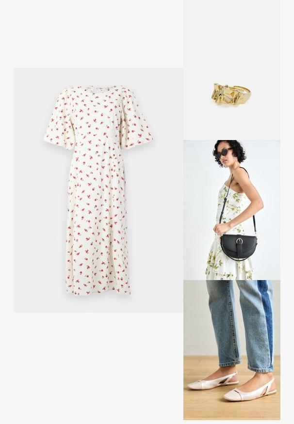 Biela kvetinová midi šaty s krátkymi puff rukávmi a vzormi červených ruží. Obsahuje okrúhly výstrih s viazaním na chrbte. Mäkka textúra tkaniny.; Svetloružové slingback baleríny s jemne špicatou špičkou, vyrobené z hladkého materiálu pripomínajúceho kožu. Majú výrezové detaily na stranách a plochý opätok.; Čierna kožená kabelka s zaobleným tvarom, odnímateľným popruhom a zlatými doplnkami. Kabelka má klopu s detailom s prackou.; Zlatý prsteň s textúrovaným, vlnitým dizajnom, ktorý má tri výrazné vrcholy. Hladký, lesklý povrch a otvorený pásik pre nastaviteľné prispôsobenie.