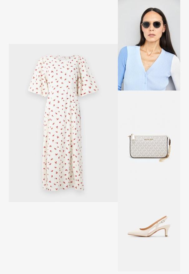 Bílá květinová midi šaty s krátkými nabíranými rukávy a vzorem červených růží. Obsahuje kulatý výstřih a uzavírání na mašli na zádech. Měkká textura látky.; Bílé lodičky na podpatku s špicatou špičkou, hladkým svrškem, nízkým blokovým podpatkem a designem s bočním výřezem se stahovací sponou.; Kulaté sluneční brýle s tmavými čočkami a zlatými rámy. Modelka má na sobě světle modrý žebrovaný kardigan s knoflíky a kontrastními bílými rukávy.; Kabelka na zápěstí Michael Kors v béžové potažené plátno s opakujícím se vzorem loga MK, zlatými kovovými doplňky a odnímatelným řetízkovým popruhem.