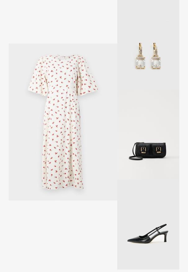 Robe midi blanche à motifs floraux avec des manches bouffantes courtes et des roses rouges. Elle a un col rond avec une fermeture à nouer au dos. Texture de tissu douce.; Escarpin slingback en vernis noir avec un bout pointu, présentant un imprimé serpent texturé, une sangle réglable et un petit talon bloc texturé.; Sac en cuir noir porté en travers avec deux poches avant, boucles dorées, fermeture zippée et une sangle fine. Surface texturée et forme rectangulaire compacte.; Boucles d'oreilles en or lumineux avec un cristal rectangulaire transparent pendent sous une rangée de petits accents ronds transparents. Design élégant et moderne.