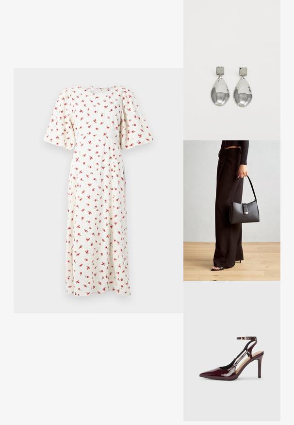 Robe midi blanche à motifs floraux avec des manches bouffantes courtes et des roses rouges. Elle a un col rond avec une fermeture à nouer au dos. Texture de tissu douce.; Chaussure à talon haut en cuir verni bordeaux avec bout pointu, sangle de cheville et découpes sur les côtés. Fini élégant et brillant.; Sac à main noir à la forme structurée, texture lisse et fermoir métallique. Associé à un pantalon noir ample et des sandales ouvertes sur un sol en bois.; Boucles d'oreilles en argent avec un clou carré, présentant une finition lisse et polie ainsi qu'une forme en goutte d'eau, réfléchissant la lumière grâce à une surface brillante.