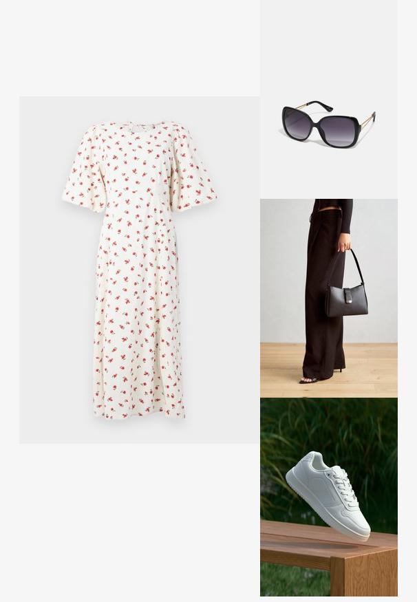 Valkoinen kukkainen midi-mekko, jossa on lyhyet puff-hihat ja punaisia ruusukuvioita. Mekossa on pyöreä pääntie ja takana nauhakiinnitys. Pehmeä kangas.; Valkoiset tennarit, joissa on sileä synteettinen päällinen, rei'itetty varvasosa, litteät nauhat ja teksturoitu pohja, esillä puupinnalla.; Mustat ylisuurten kehysten aurinkolasit, joissa on liukuväri-linssit, paksut kehykset ja kultasävyiset ketjustuskoristeet temppeleissä.; Musta käsilaukku, jossa on rakenteellinen muoto, sileä pinta ja metallinen solki. Yhdistetty leveisiin mustiin housuihin ja avonaiheisiin sandaaleihin puulattialla.