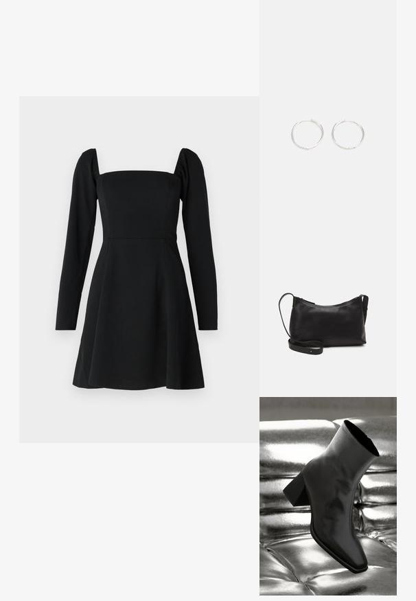 Fekete, hosszú ujjú ruha négyzet alakú nyakkivágással, testhez simuló felső résszel és bőszoknyával. Simító anyagból készült, finom textúrával.; Fekete bokacsizma fényes anyagból, négyzetes orral és szűkített sarkú, egy csillogó ezüst kárpitozott háttér előtt.; Fekete bőr válltáska sima felülettel, ívelt formával, állítható pánttal és cipzáras záródással. Minimalista dizájn díszítmények nélkül.; Ezüst karika fülbevalók, letisztult, kerek formával, sima felülettel és látható díszítés nélkül. A átmérő nem megadott.