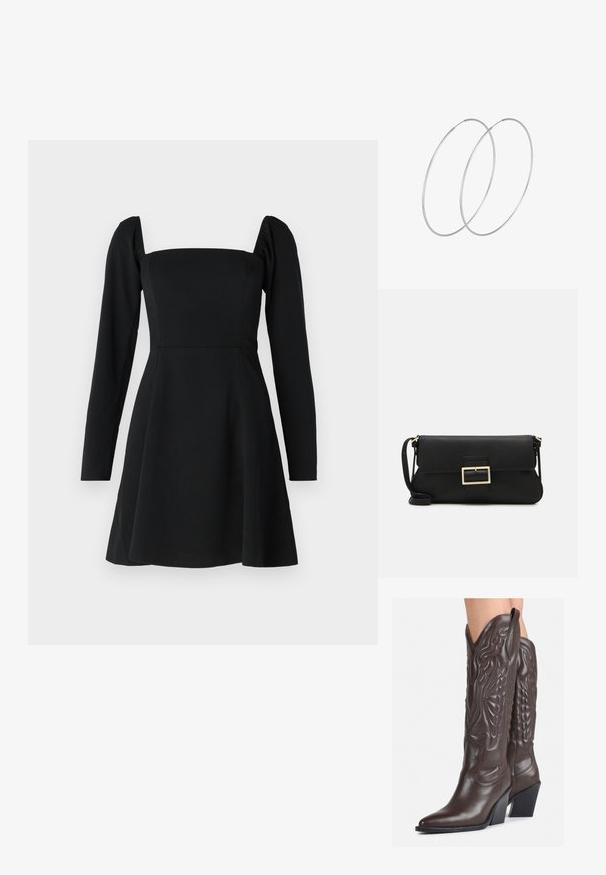 Černé dlouhé šaty s čtvercovým výstřihem, přiléhavým topem a rozšířenou sukní. Vyrobené z hladké tkaniny s jemnou texturou.; Hnědé kožené kovbojské boty s špičatou špičkou a blokovým podpatkem, se zdobným prošíváním a vyvýšenými akcenty na nárazu.; Černá kožená psaníčko s klopou a zlatým kovovým detailním sponou. Součástí je černý popruh a elegantní, minimalistický design.; Stříbrné kruhové náušnice s minimalistickým designem. Kruh, hladký povrch a tenký profil. Lehká konstrukce s lesklým povrchem.